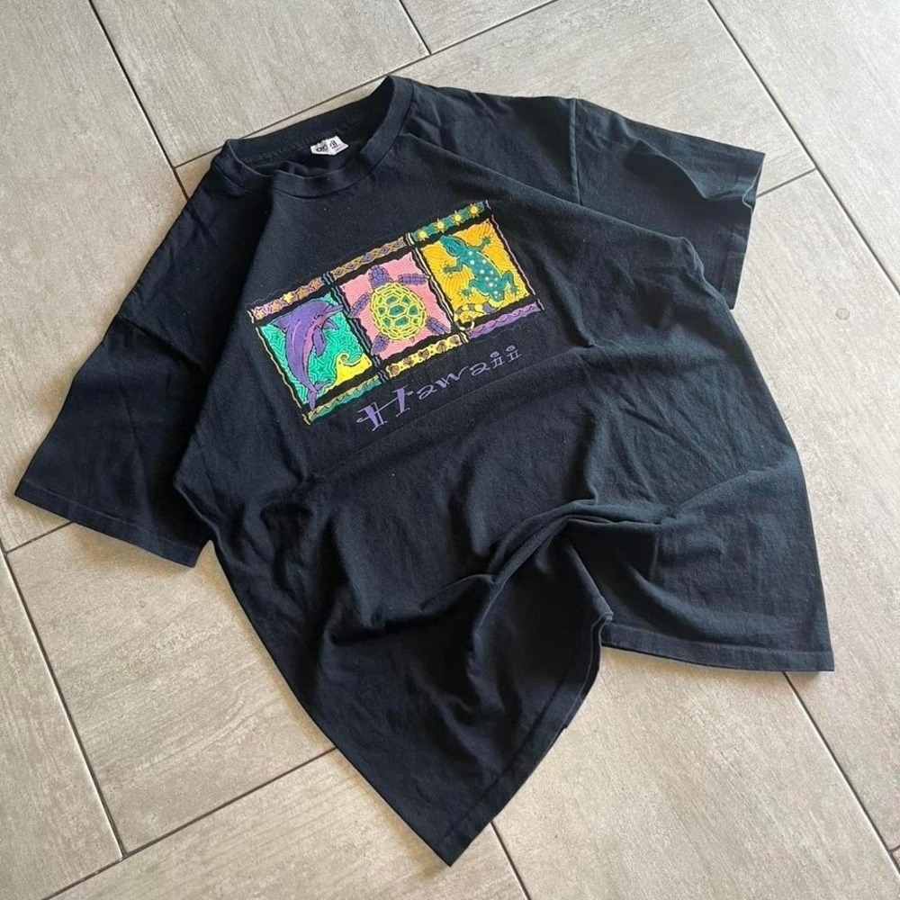 Vintage Anvil Hawaii Graphic T Shirt Black Neon Animal Print 22x29 - Picture 2 of 8
